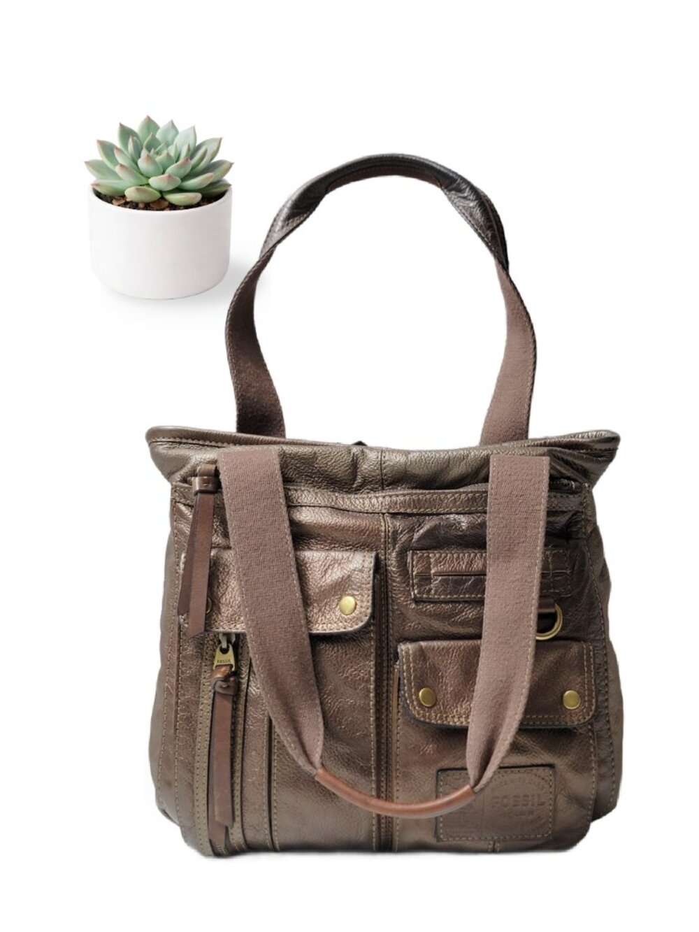 Fossil Long Live Vintage Handbag Bronze Metallic Leather Tote Shoulder Bag